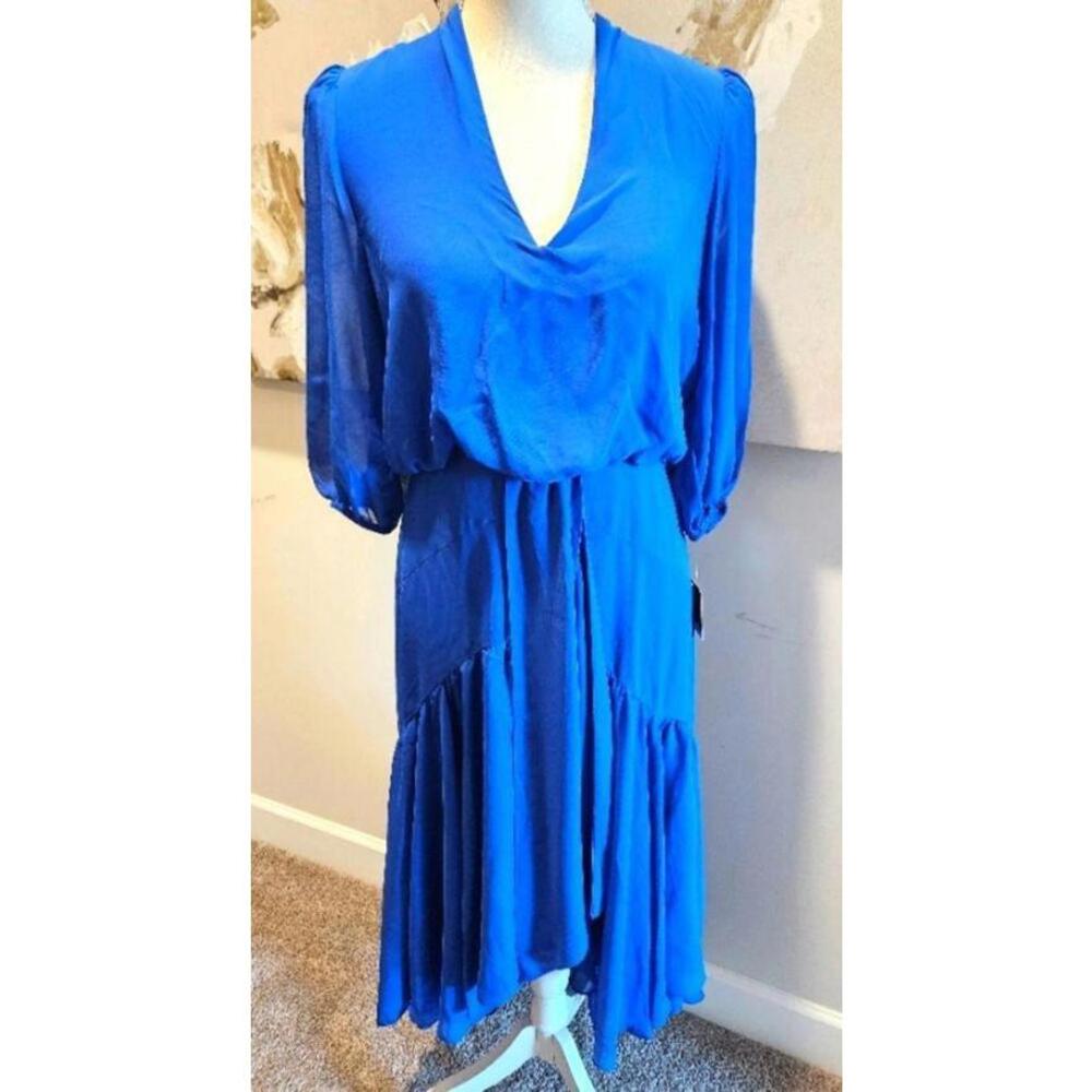 Taylor Asymmetrical Blue Dress with Gathered Tiered Skirt Size 6